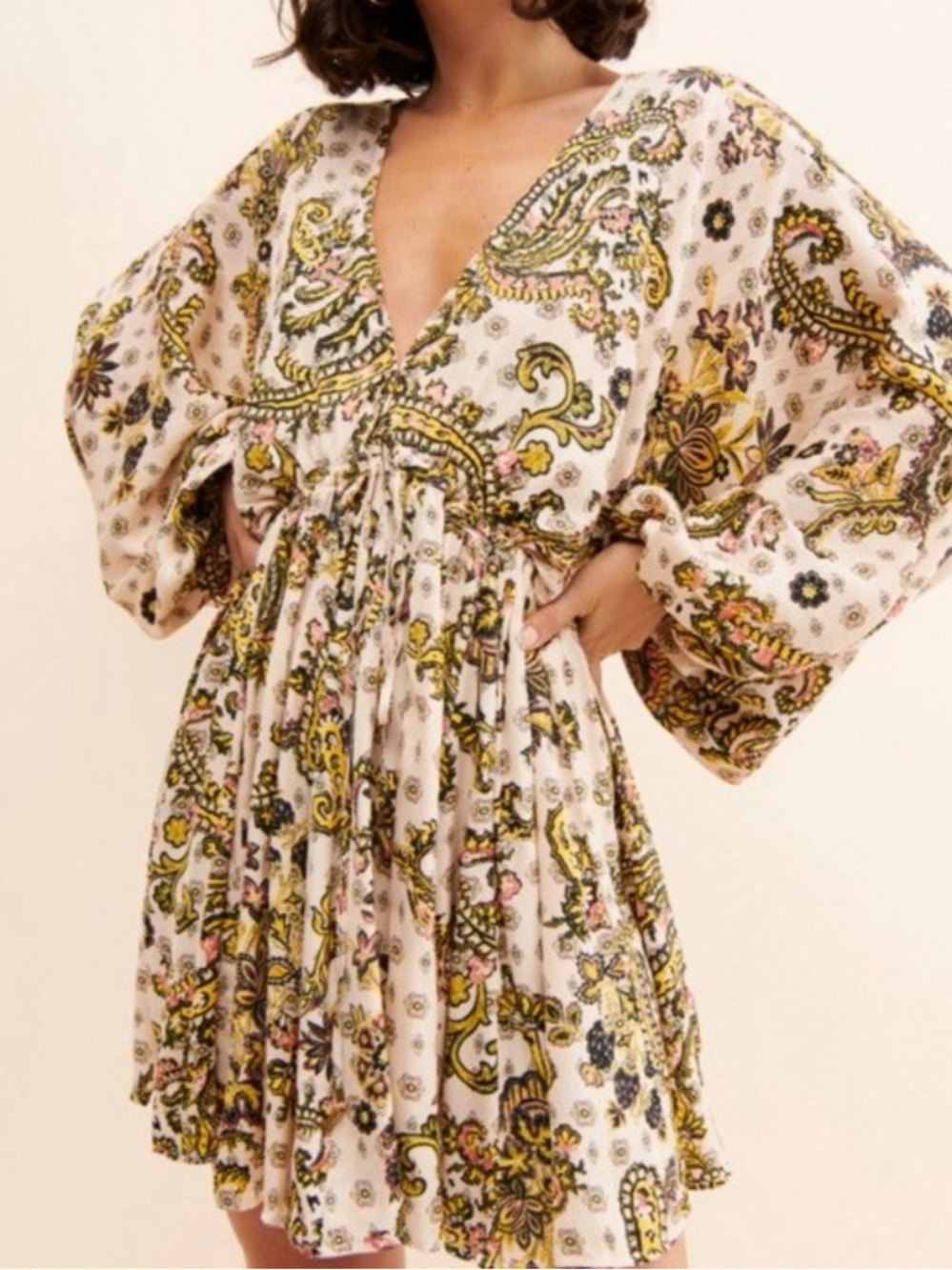 FREE PEOPLE Arzel Mini Dress Paisley V-Neck Boho Pleated Fairycore Magic Large - Picture 2 of 10